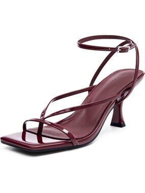 Women's Wine Red Leather Lace Up Square Flip Flop High Heels Strappy Sandals